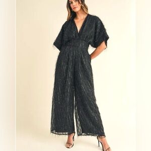 Mable Black Jumpsuit Plunging Neckline Bat Sleeves Glam Wide leg Party SZ S NWOT